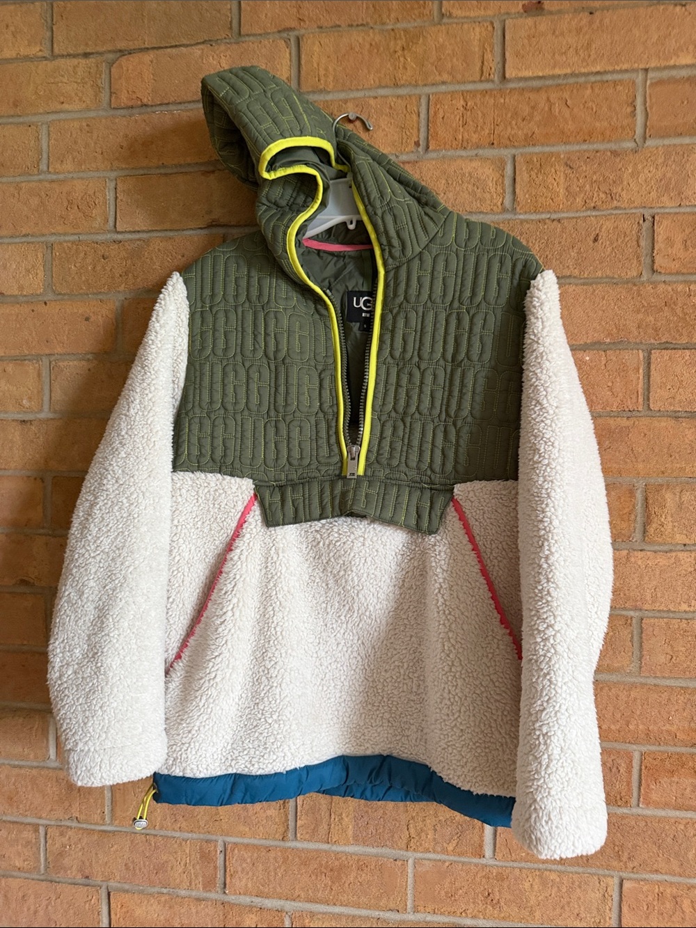 UGG Olive, Cream & Blue Sherpa Half-Zip Hoodie with Neon Trim